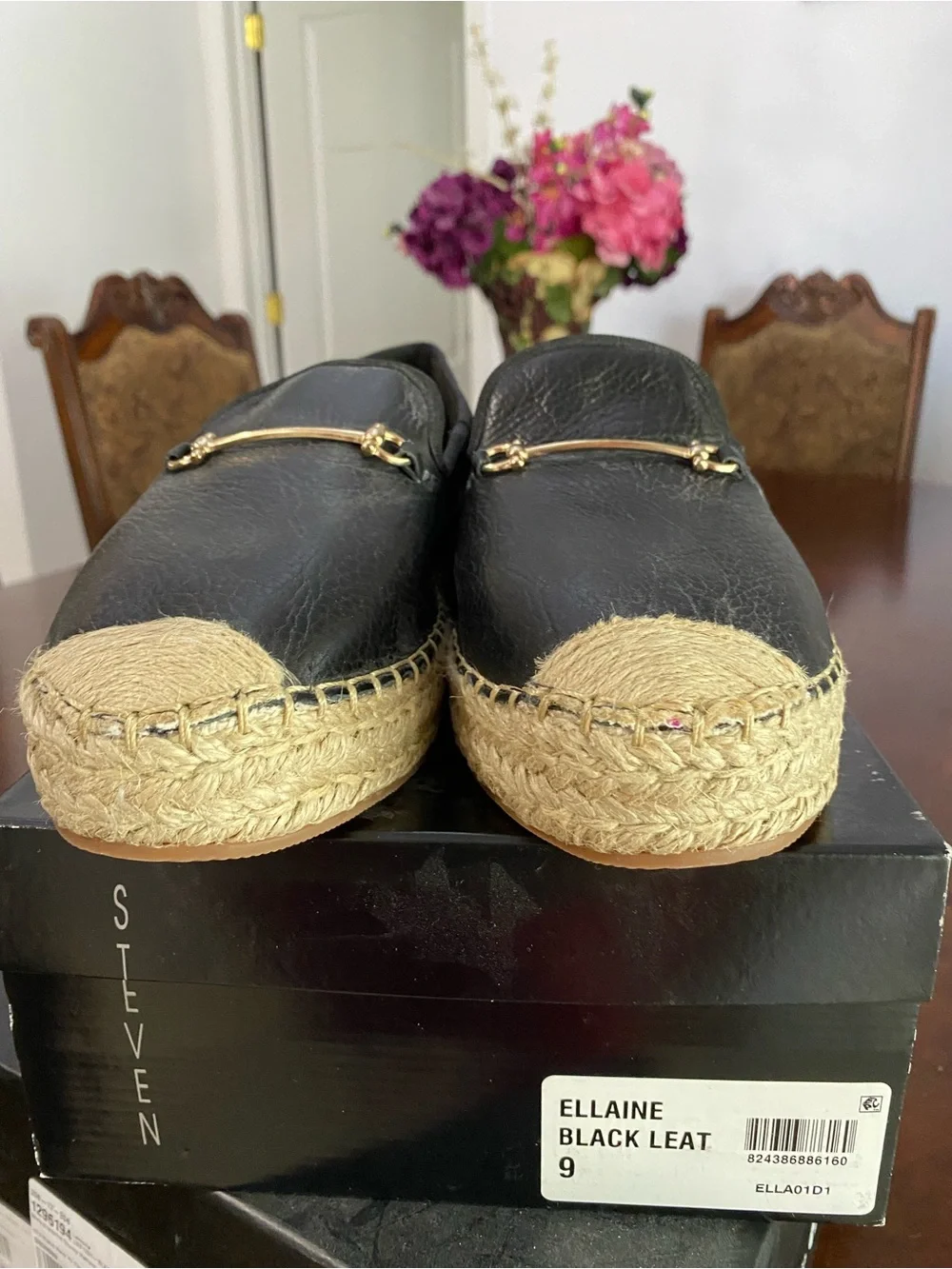Steve Madden Black Leather Espadrille Loafers with Jute Trim